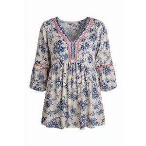 TRUE CRAFT Boho Floral Dress 1X/2X Blue & Cream Peasant Blouse